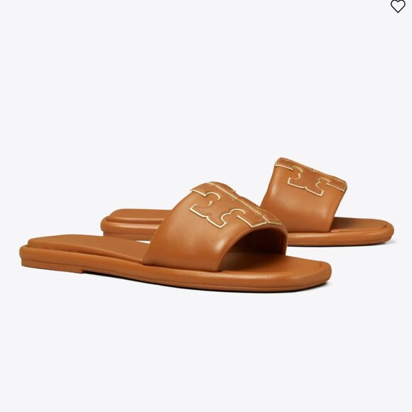 TORY BURCH Double T Logo Sport Leather Slide Sandal Aged Camello/Gold Size: 9 - Picture 2 of 16